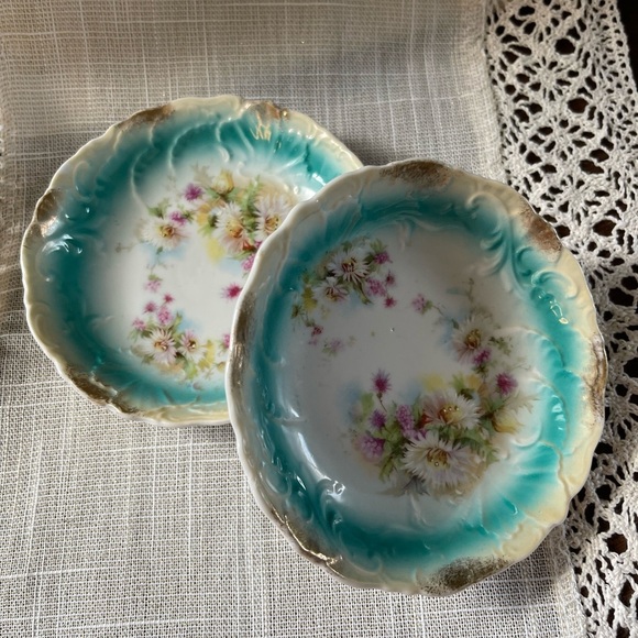 Antique Bavaria Style Floral Plates Aqua Gold Rim Set of 2 Victorian Porcelain - Picture 1 of 9